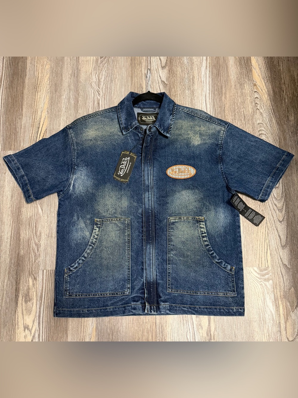 Von Dutch Short-Sleeve Denim Shirt Jacket in Washed Blue